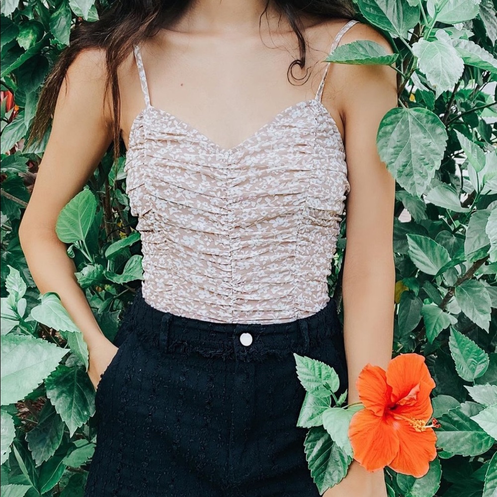 Floral Light Pink Sleeveless Ruching Bodysuit